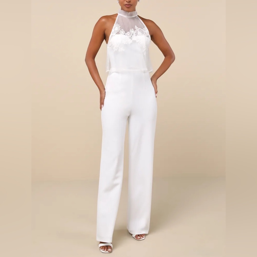 🆕 LULUS Formally Invited White Embroidered Organza Flounce Jumpsuit Medium White